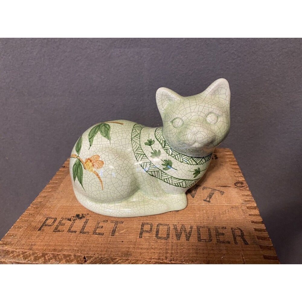 Porcelain Green Cat With Bambo Painting Some Crazing 7” Long GUC